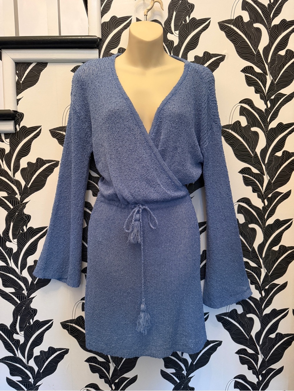 L*SPACE Blue Knit Wrap Sweater Mini Dress Size Small